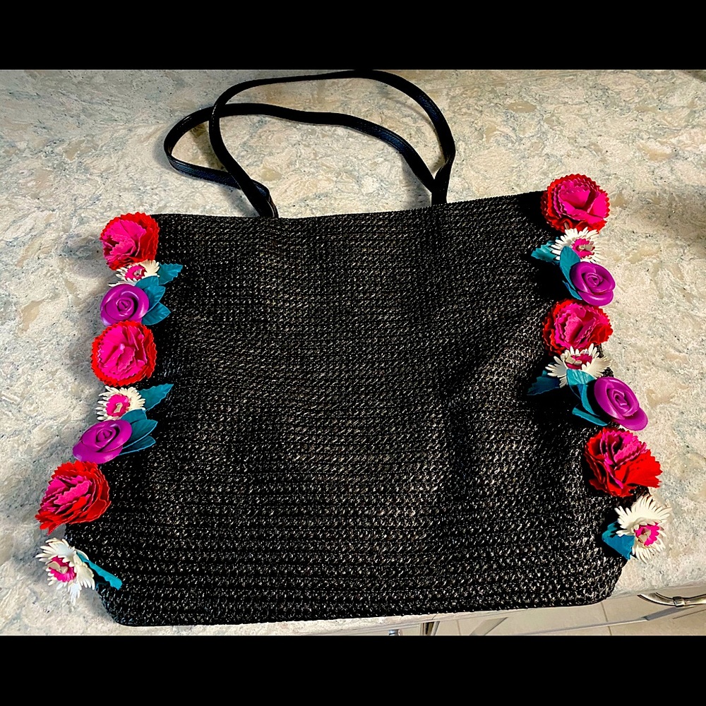 Betsey Johnson Large Black Straw Tote